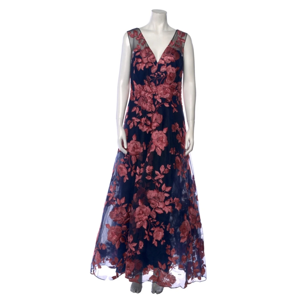 Marchesa Notte Navy Blue with Pink Floral Print Evening Gown Size 12